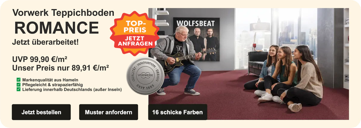 Werbeanzeige für Vorwerk Teppichboden „ROMANCE“ mit Preisangabe (UVP 99,90 €/m², unser Preis 76,95 €/m²), Produktmerkmalen (Markenqualität, pflegeleicht, Lieferung in Deutschland) und Szene mit Gitarrist auf rotem Teppich, drei Zuhörerinnen und Bandposter